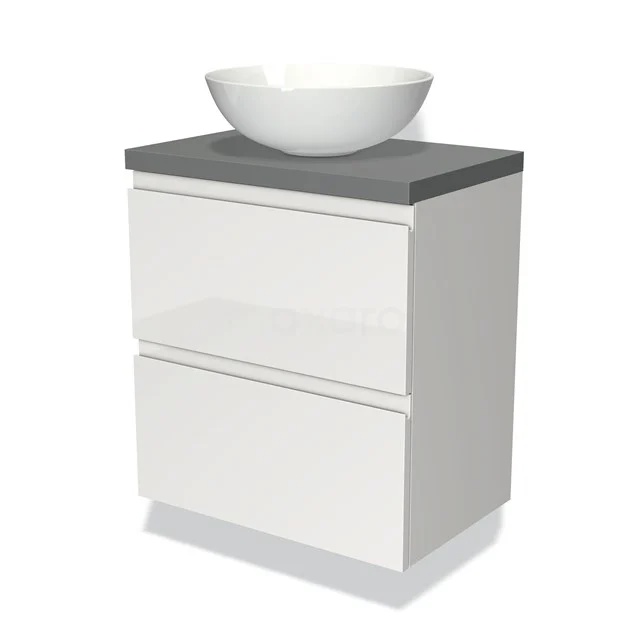 Modulo Plato Slim Badmöbel mit Aufsatzwaschbecken | 60 cm Hochglanz Weiß Grifflos front Mittelgrau blatt 2 übereinanderliegende Schubladen BMK37-00611 Weißes Badezimmermöbel mit grauer Waschtischplatte und rundem Aufsatzwaschbecken, moderner Stil mit zwei Schubladen für stilvolle Badezimmerlagerung.