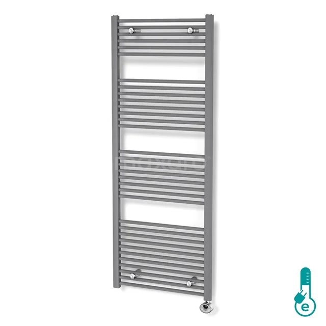 Grauer metallener Handtuchheizkörper mit vertikalen Rohren, ideal für Wärme im Badezimmer, modernes Design und langlebige Ausführung.