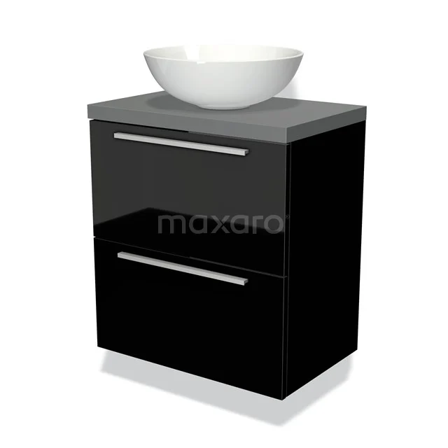 Zwart badkamermeubel met glanzende afwerking, grijs wastafelblad en ronde witte waskom, modern design.