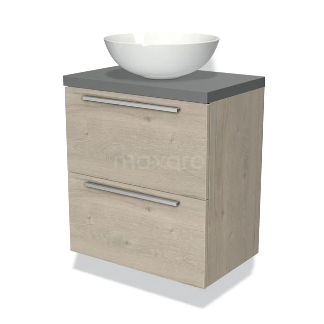 Holz Badezimmermöbel mit zwei Schubladen in Eiche-Optik, anthrazit Platte und einem weißen schalenförmigen Waschbecken.