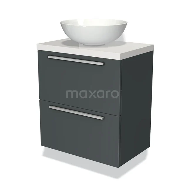 Grijs badkamermeubel met witte wastafel, moderne design stijl, twee lades en compact formaat voor kleine badkamers.