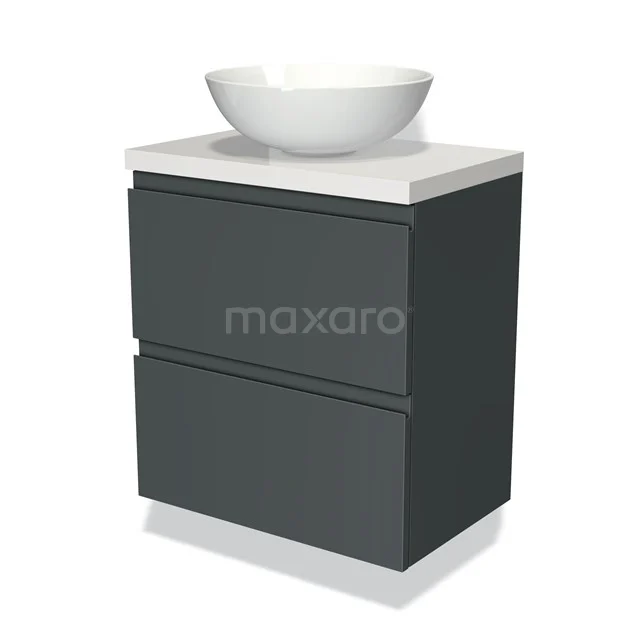 Badmöbel für Aufsatzwaschbecken 60cm Modulo Plato Slim Dunkelgrau 2 Schubladen grifflos BMK37-00646 Dunkelgrau Badmöbel mit zwei Schubladen, weißer Waschbecken und modernem Design, ideal für einen modernen Badezimmerstil.