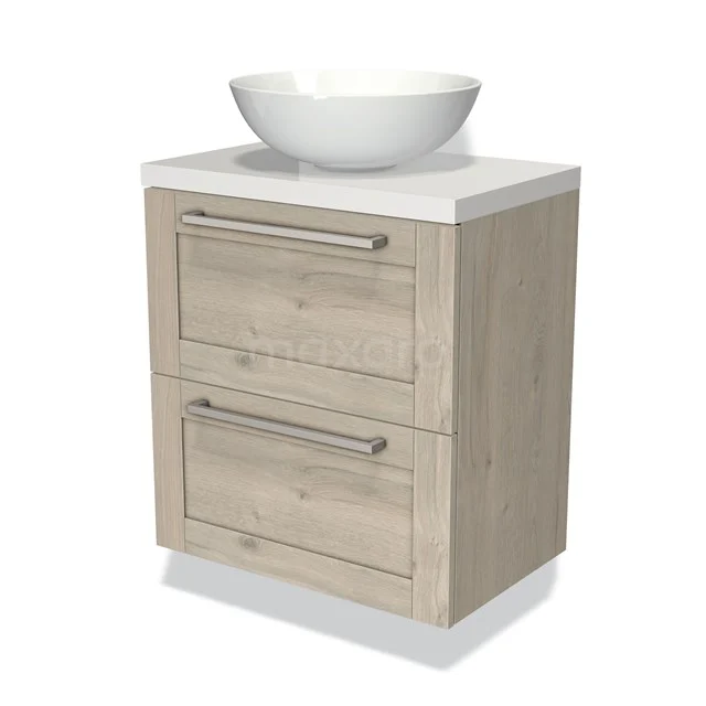 Houten badkamermeubel met witte waskom, 2 lades met metalen grepen, modern design voor compacte badkamers.