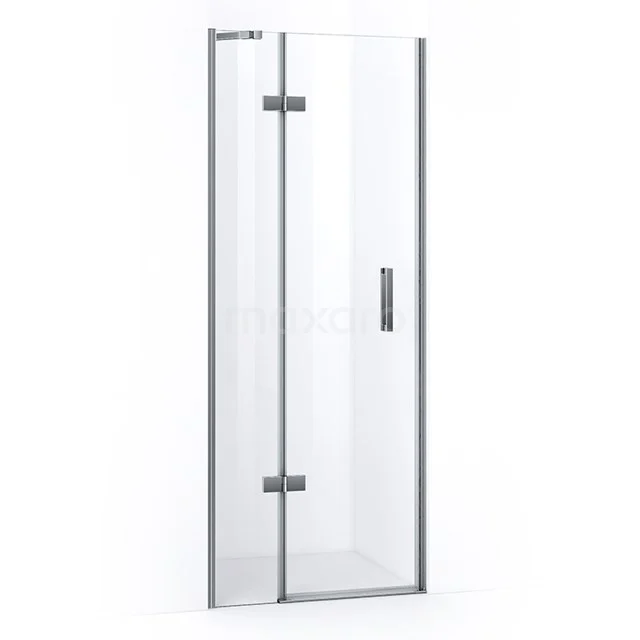 Glass shower door with silver hinges and handle, sleek design ideal for modern bathrooms.