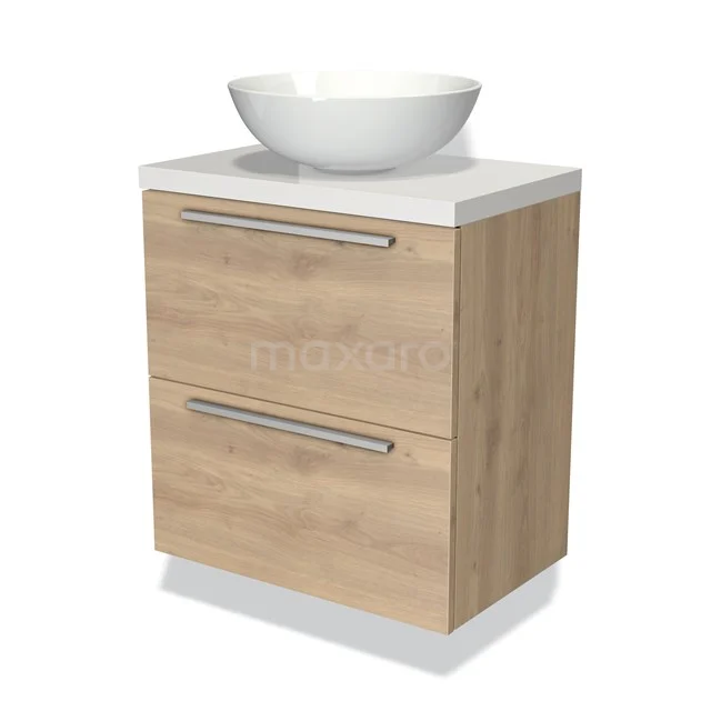 Houten badkamermeubel met witte waskom, 2 lades en moderne handgrepen, ideaal voor een stijlvolle badkamerinrichting.
