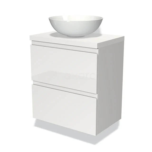 Weißer Badschrank mit zwei Schubladen, glänzender Oberfläche und runder Aufsatzwaschbecken, ideal für moderne Badezimmergestaltung.