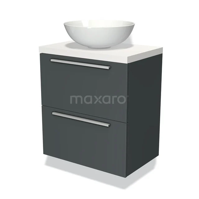 Zwart badkamermeubel met witte waskom, modern design, twee lades met metalen grepen, ideaal voor een stijlvolle badkamer.
