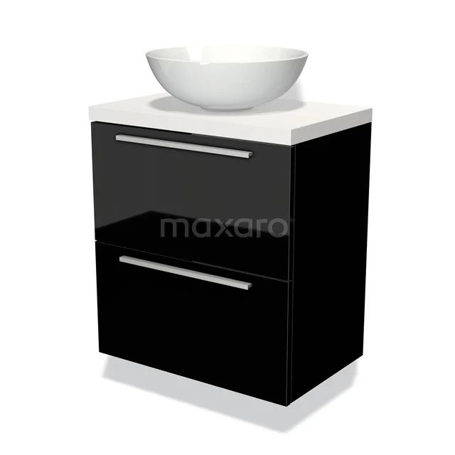 Zwart glanzend badkamermeubel met twee lades, witte waskom en chromen handgrepen, modern design voor strakke badkamers.