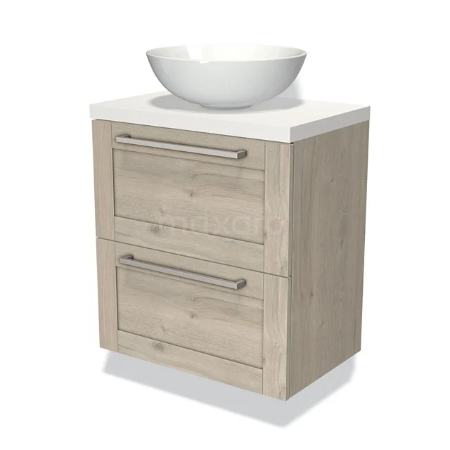 Houten badkamermeubel met waskom, licht eiken afwerking, twee lades met metalen handgrepen, stijlvol en compact design.