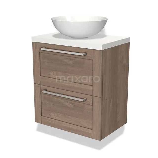 Compacte houten badkamermeubel met twee lades en een witte ovale wastafel, ideaal voor praktische opbergruimte.