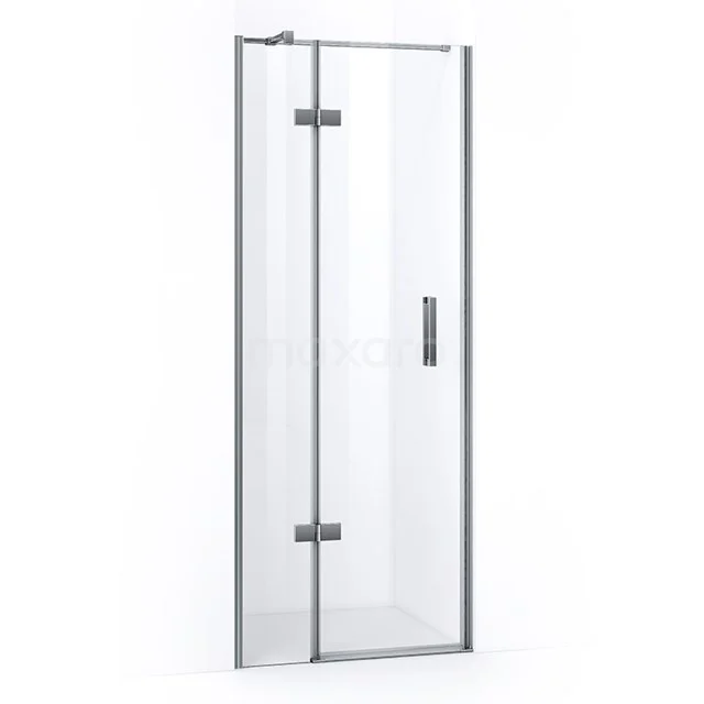 Glass shower door with chrome details, sleek design for modern bathrooms, made of safety glass.