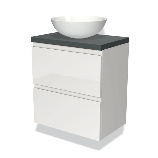 Waschtischunterschrank mit Konsole 60cm Modulo Plato Slim Hochglanz Weiß 2 Schubladen Grifflos BMK37-00701 Weißes Waschtisch mit Keramikschale, schwarzer Steinplatte und zwei Schubladen, ideal als stilvolles Badmöbel.