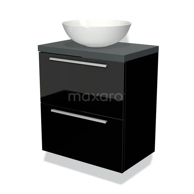 Zwart glanzend badkamermeubel met twee lades, inclusief witte keramische waskom en strak design.