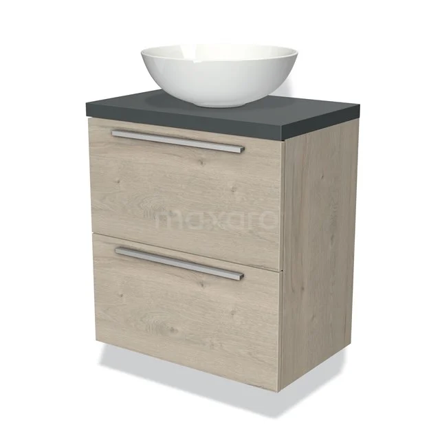 Hölzernes Badezimmermöbel mit zwei Schubladen, schwarzer Platte und weißem Aufsatzwaschbecken; modernes Design für ein stilvolles Badezimmer.