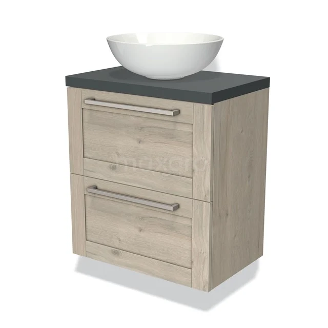 Wooden bathroom unit with two drawers, black worktop and white countertop wash basin; stylish design for modern bathrooms.