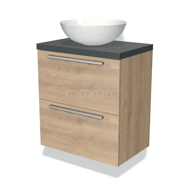 Wooden bathroom unit with two drawers, black worktop and white ceramic basin; compact design ideal for modern bathrooms.