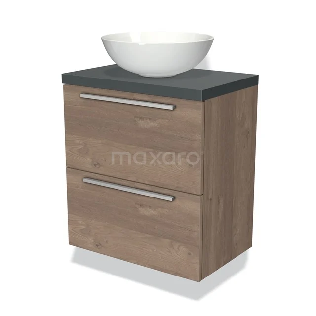 Compacte badkamermeubelset met houtlook, zwarte bovenblad en witte komvormige wastafel; modern design met soft-close lades.