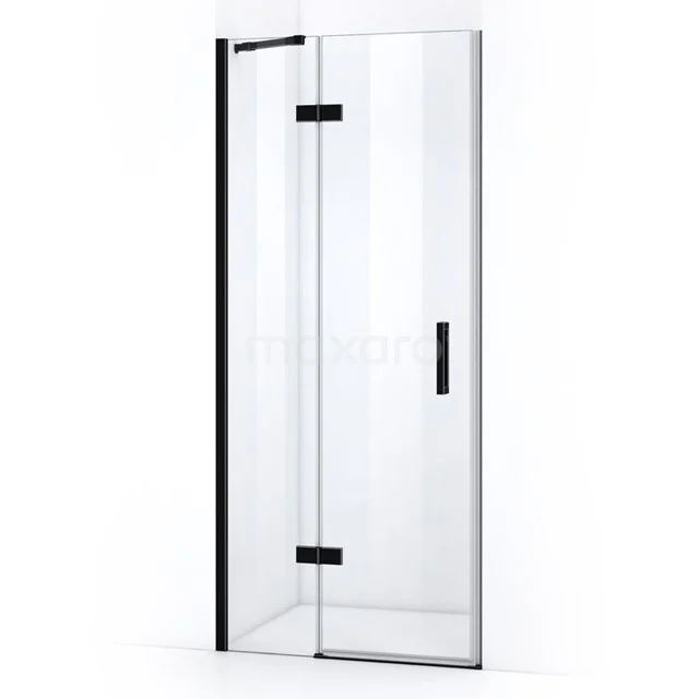 Shower door with black frame, clear glass and hinges, modern style, ideal as a bathroom upgrade.