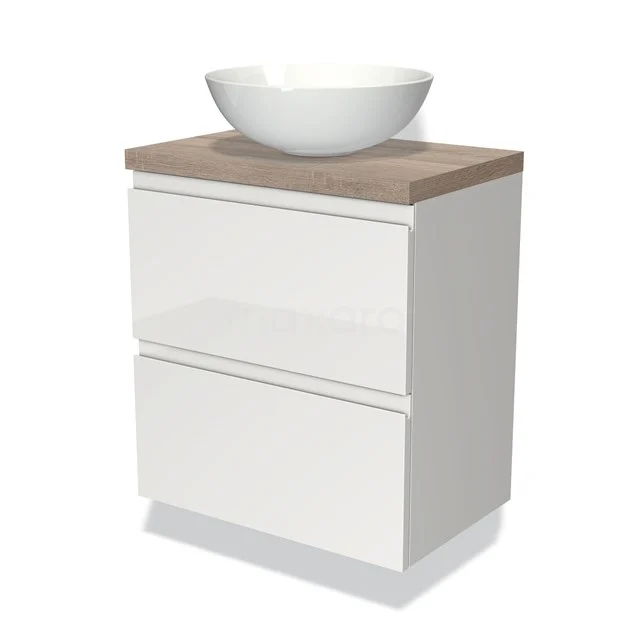 Wit badkamermeubel met wastafel, houten blad en twee lades, modern design. Perfect voor een stijlvolle en functionele badkamer.