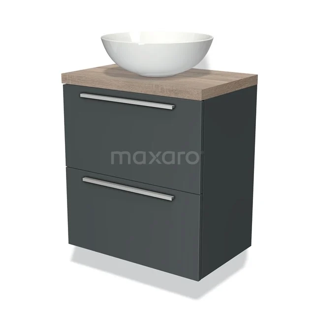 Donkergrijze badkamerkast met houtlook blad en witte waskom, modern design met twee lades voor stijlvolle opbergruimte.