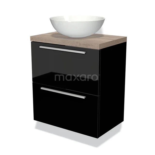 Zwart bathroom meubel met houten blad, witte ronde waskom en metalen handgrepen; modern design.