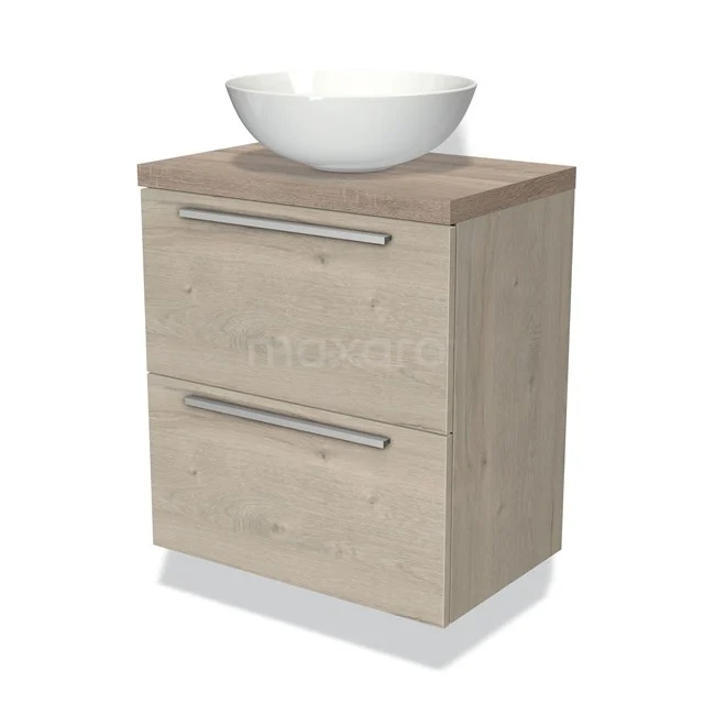 Houten badkamermeubel met wastafel, licht eiken look, twee lades met zilverkleurige grepen, modern en compact design.