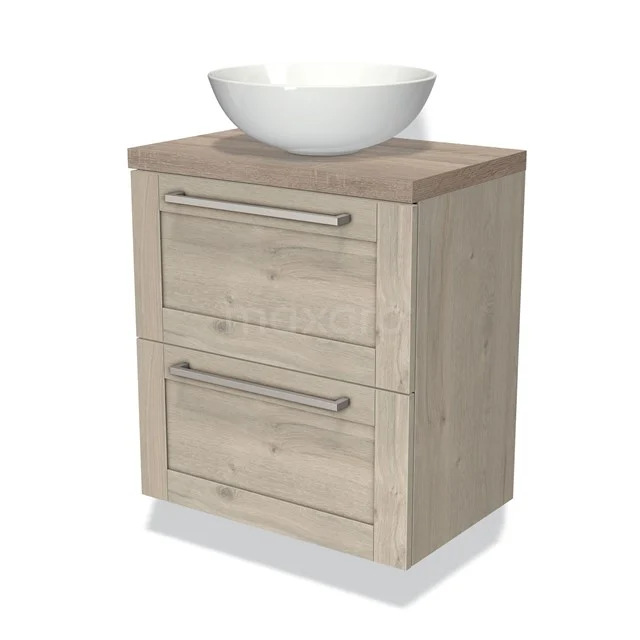 Houten badkamermeubel met twee lades, naturel eikenlook, metalen handgrepen en witte waskom, perfect voor moderne badkamers.