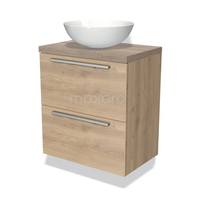 Houten badkamermeubel met 2 lades en een witte, ronde wastafel; modern design, ideaal voor een stijlvolle badkamer.