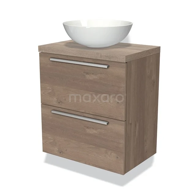 Houten badkamermeubel met waskom, eikenlook, 2 lades en metalen handgrepen, compact ontwerp ideaal voor moderne badkamers.
