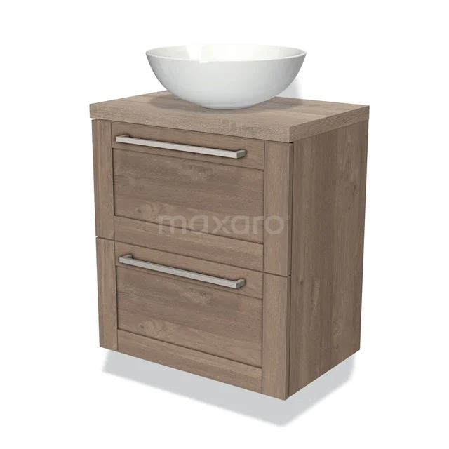 Houten badkamermeubel met twee lades, geïntegreerde wastafelkom en roestvrijstalen handgrepen, modern design.