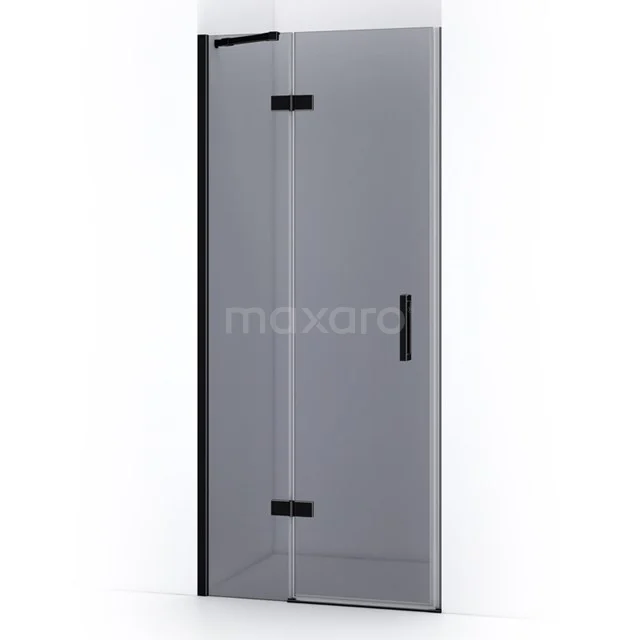 Matte black shower door with clear glass, swivel mechanism and sleek design; ideal for modern bathrooms.