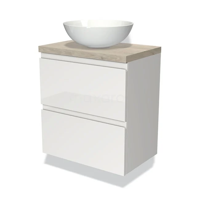 Wit badkamermeubel met houtlook blad, twee lades en ronde wastafel; modern design voor stijlvolle badkamerruimtes.