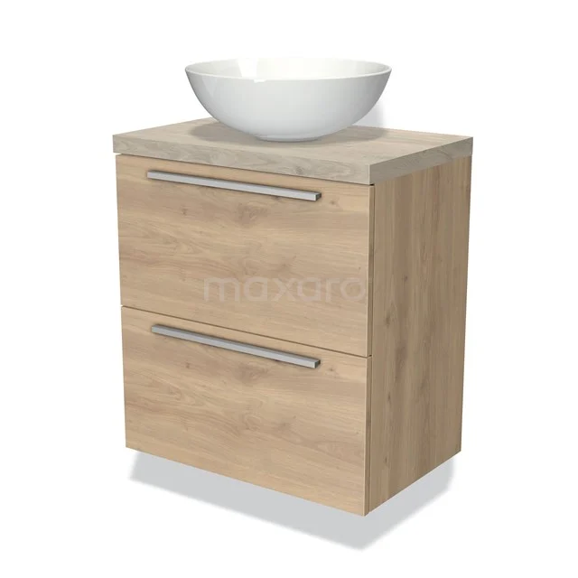 Eichenholz-Badmöbel mit zwei Schubladen und einem runden weißen Aufsatzwaschbecken, modernes Design.