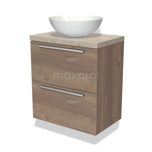 Wooden bathroom unit with countertop wash basin, light oak, two drawers with metal handles, suitable for modern bathroom design.