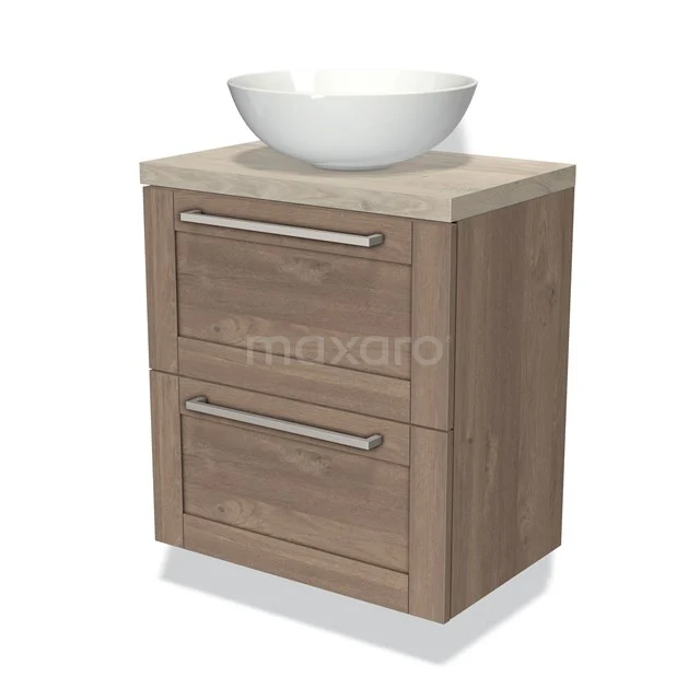 Houten badkamermeubel met lade, natuur eiken afwerking en wit keramische wastafel, ideaal voor moderne badkamers.