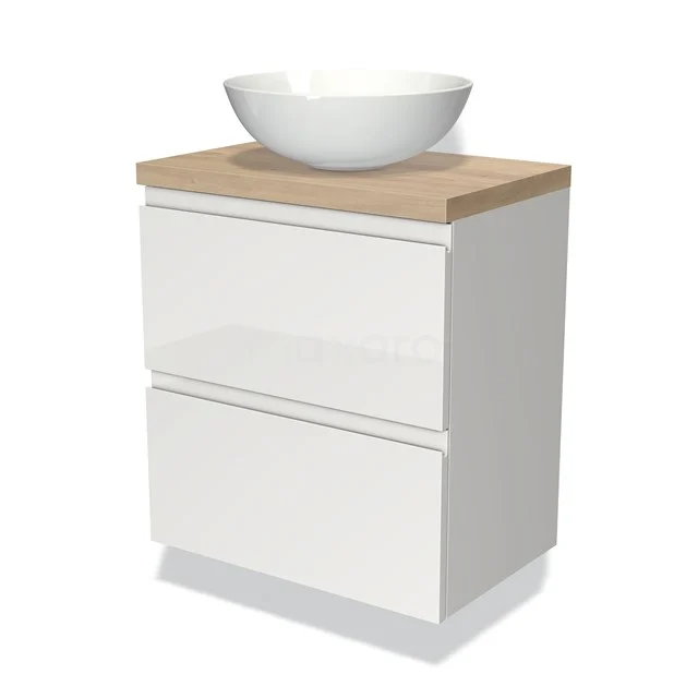 Waschtischunterschrank mit Konsole 60cm Modulo Plato Slim Hochglanz Weiß 2 Schubladen Grifflos BMK37-00819 Weißes Badezimmermöbel mit 2 Schubladen, Eichenplatte und Aufsatzwaschbecken; moderner Stil, perfekt für ein stilvolles Badezimmer.