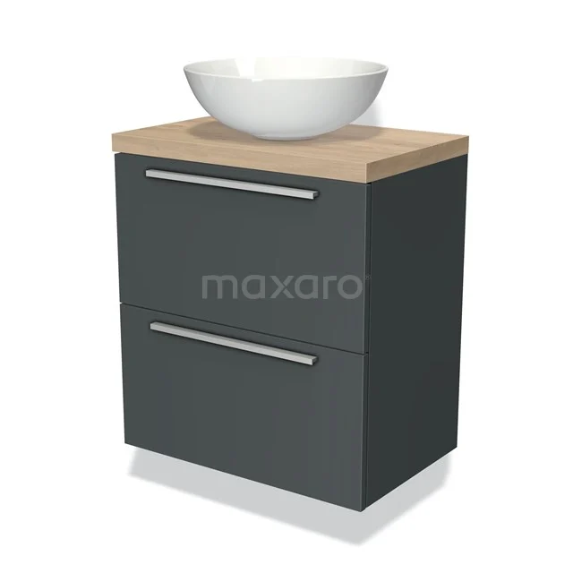 Donkergrijze badkamerkast met twee lades, houtlook blad en witte waskom, modern design voor een stijlvolle badkamer.