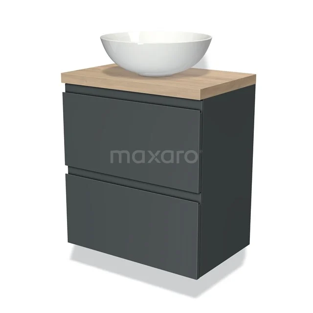 Donkergrijze badkamermeubel met houten blad, moderne waskom en twee lades, geschikt voor stijlvolle en compacte badkamers.