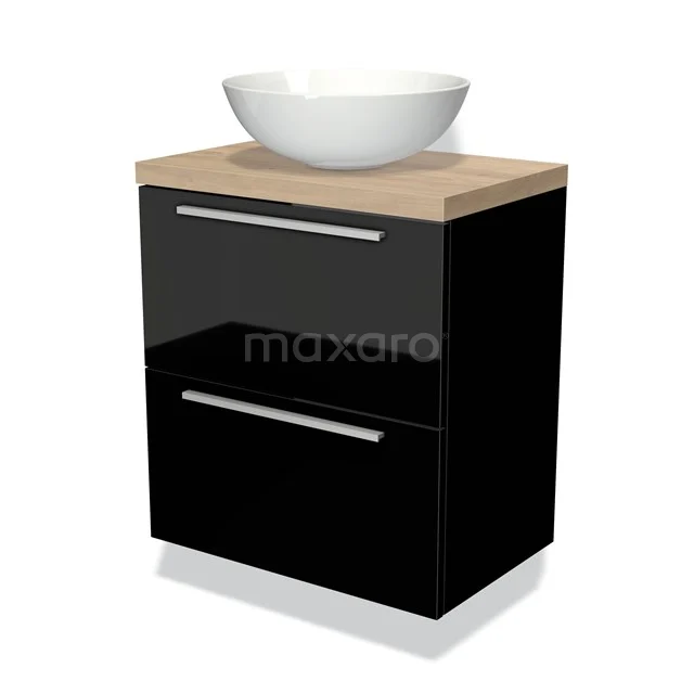 Zwart hoogglans badkamermeubel met houten blad en witte waskom, modern design voor compacte badkamers.
