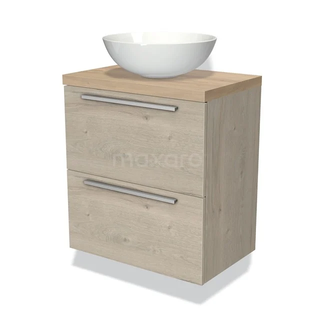 Holz Badezimmermöbel mit weißem Aufsatzwaschbecken, Breite 60 cm, natürliche Oberfläche und zwei Schubladen mit Metallgriffen.