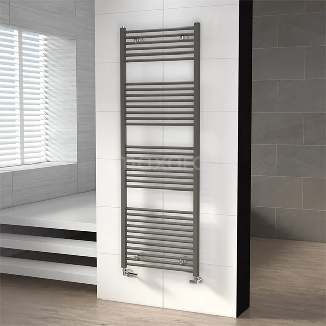 Grey designer towel radiator with vertical bars, ideal for stylish look and practical heating in the bathroom.