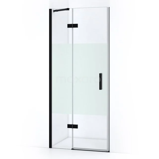 Glasene Duschtür mit schwarzen Metallakzenten, modernes Design, ideal für ein stilvolles Badezimmer.