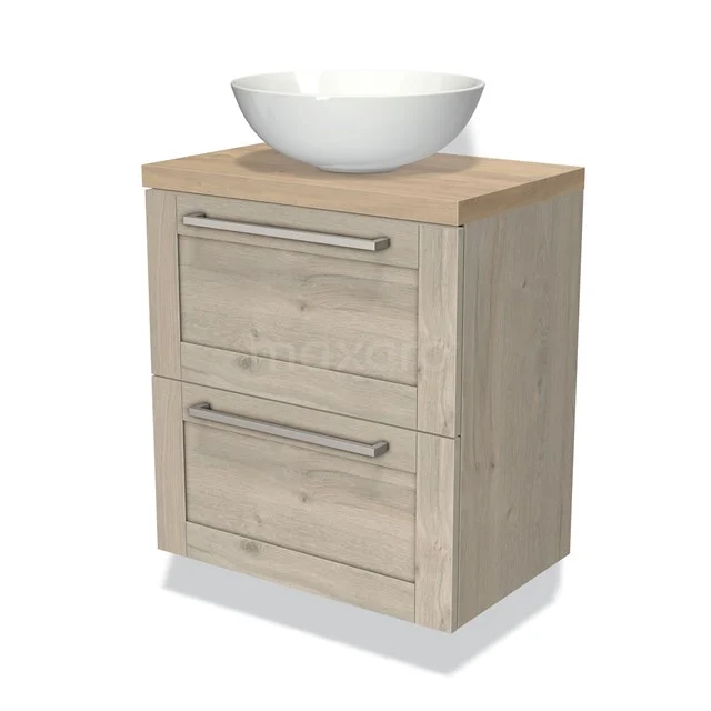 Houten badkamermeubel met waskom, licht eiken, strak design, twee lades, ideaal voor moderne badkameropslag.