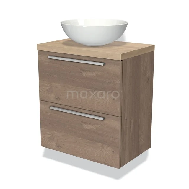 Houten badkamermeubel met wastafel, twee lades en moderne handgrepen, ideaal voor stijlvol opbergen in de badkamer.