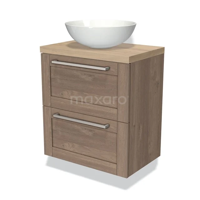 Houten badkamermeubel met twee lades en witte keramische waskom, ideaal voor moderne badkamerinrichtingen.