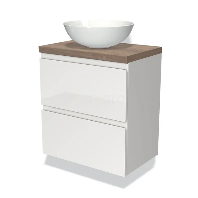 Modulo Plato Slim Badmöbel mit Aufsatzwaschbecken | 60 cm Hochglanz Weiß Grifflos front Mittelbraune Eiche blatt 2 übereinanderliegende Schubladen BMK37-00849 Weißes Badezimmermöbel mit Holzplatte und modernem runden Aufsatzwaschbecken, ideal für eine stilvolle und funktionale Badezimmergestaltung.