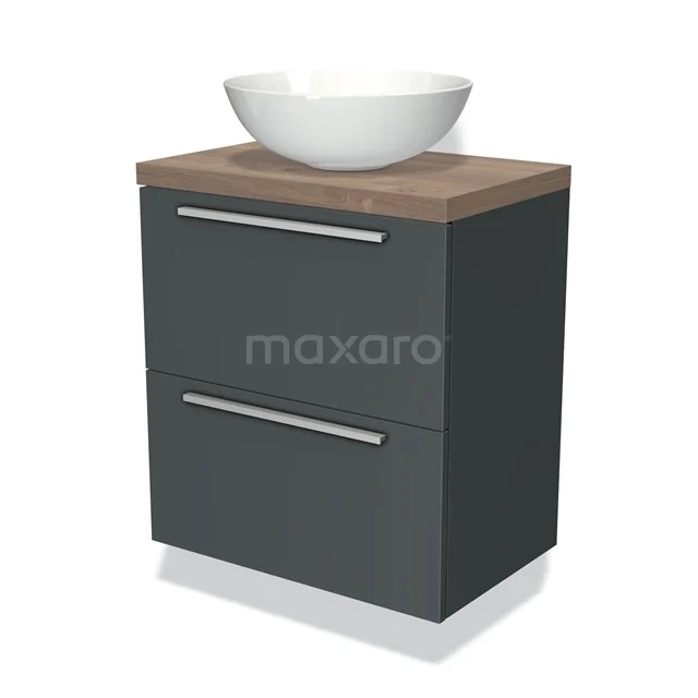 Modulo Plato Slim Badmöbel mit Aufsatzwaschbecken | 60 cm Dunkelgrau Flach front Mittelbraune Eiche blatt 2 übereinanderliegende Schubladen BMK37-00853 Dunkelgraue Badmöbelset mit Holzplatte, weißem keramischen Aufsatzwaschbecken und zwei Schubladen mit metallischen Haltegriffen.