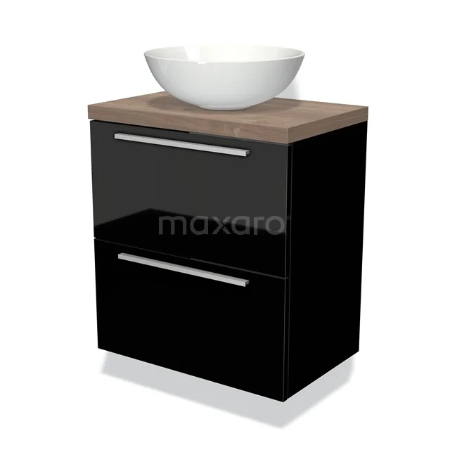 Zwart glanzend badkamermeubel met houtlook blad en witte waskom, modern design, ideaal voor stijlvolle badkamerinrichting.