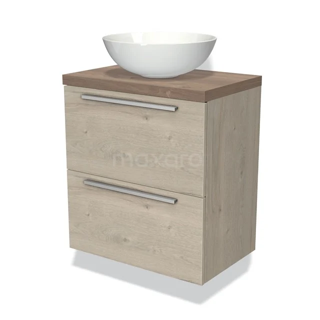 Houten badkamermeubel met natuurhout-look, twee lades en witte opzetwaskom, ideaal voor moderne badkamerinrichting.