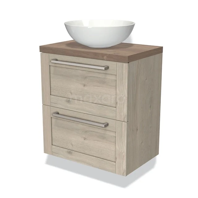 Houten badkamermeubel met twee lades, witte komvormige wastafel en een naturel eiken afwerking, ideaal voor kleine badkamers.